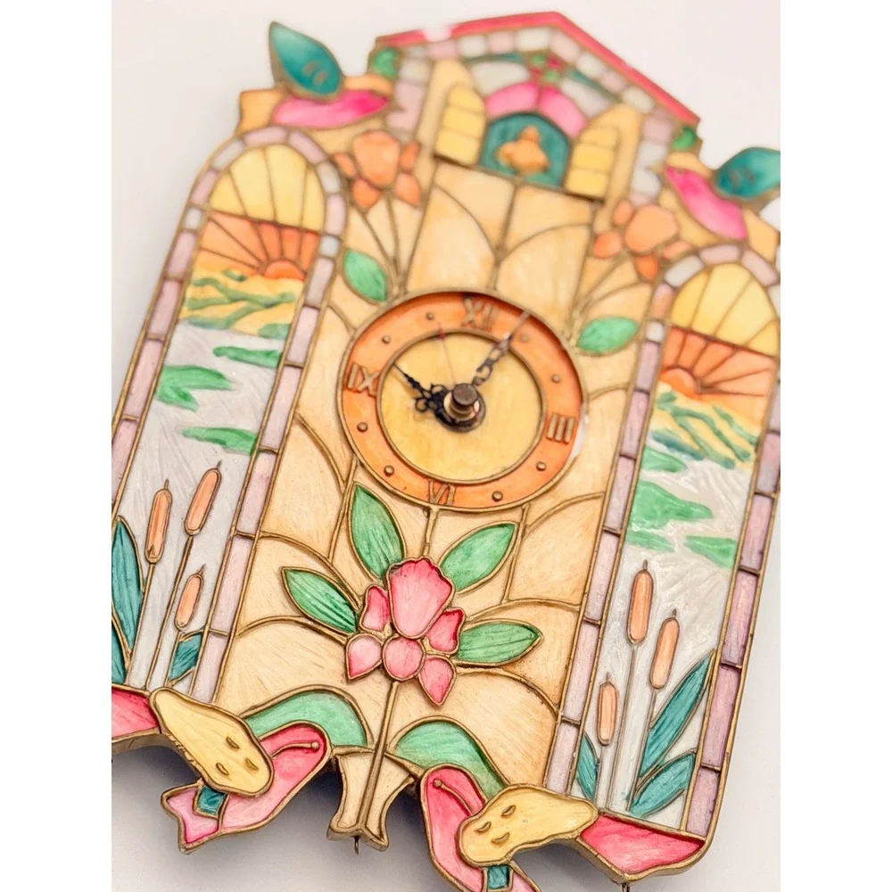 Vintage Style Faux Stained Glass Bird Cuckoo Wall Clock Nature Theme Untested